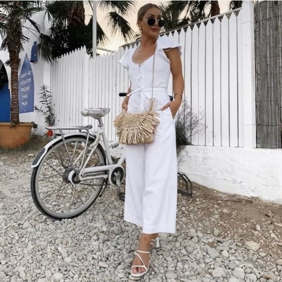 Zara Pants - Zara White Rustic Denim Raw Hem Ruffled Cap Sleeve Belted Jumpsuit Playsuit XS